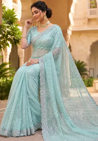 Sky Blue Color Beads And Thred  Work Net Saree