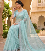 Sky Blue Color Beads And Thred  Work Net Saree