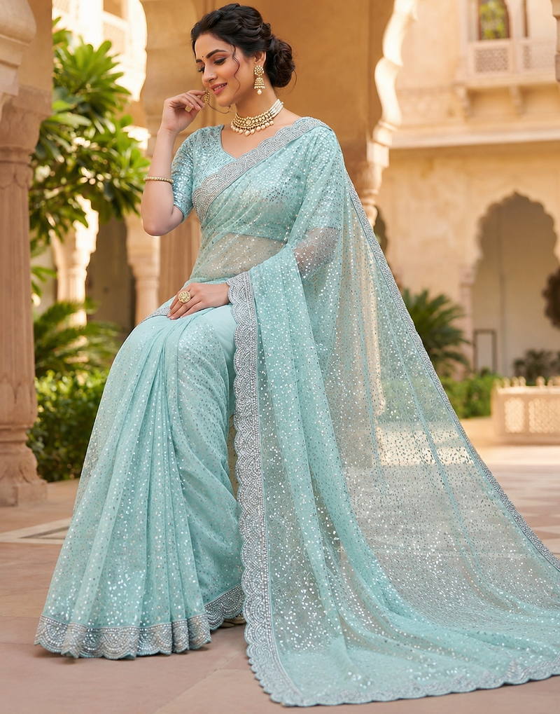 Sky Blue Color Beads And Thred  Work Net Saree