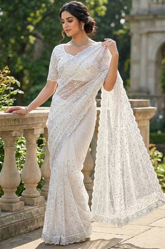 White Color Beads And Thred  Work Net Saree