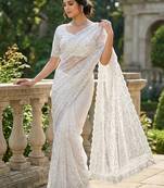 White Color Beads And Thred  Work Net Saree
