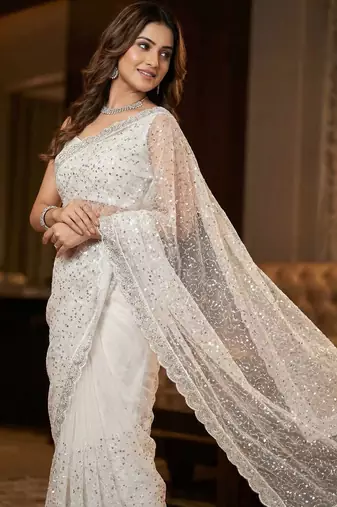 White Color Beads And Thred  Work Net Saree