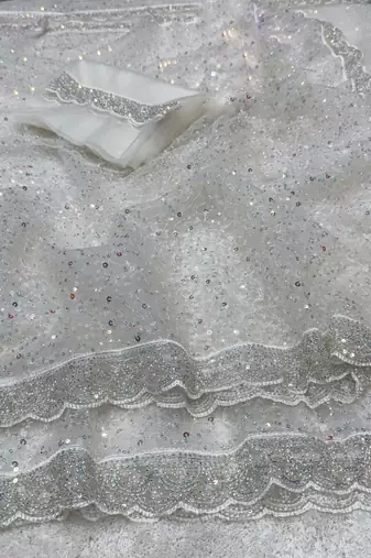 White Color Beads And Thred  Work Net Saree