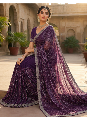Wine Color Beads And Thred  Work Net Saree 1