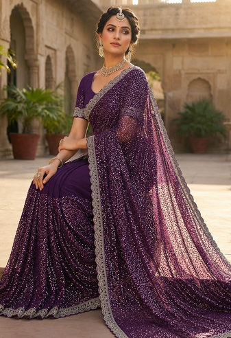 Wine Color Beads And Thred  Work Net Saree