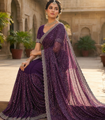 Wine Color Beads And Thred  Work Net Saree
