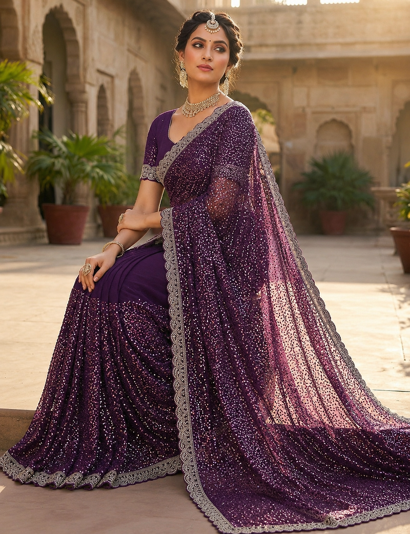 Wine Color Beads And Thred  Work Net Saree