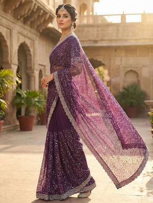 Wine Color Beads And Thred  Work Net Saree 2