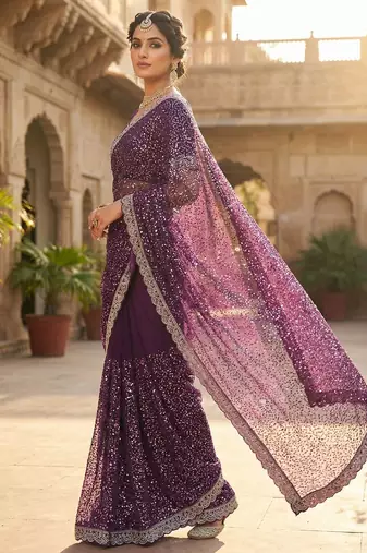 Wine Color Beads And Thred  Work Net Saree