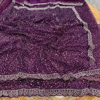 Wine Color Beads And Thred  Work Net Saree 3