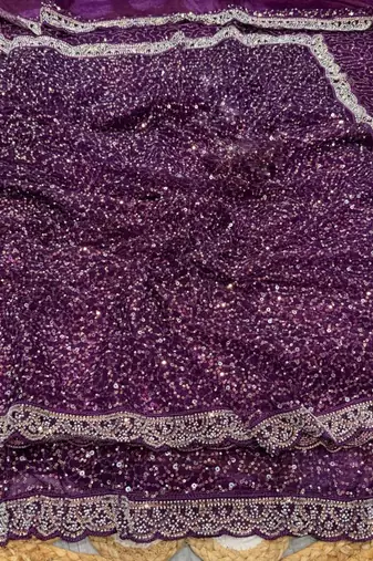 Wine Color Beads And Thred  Work Net Saree