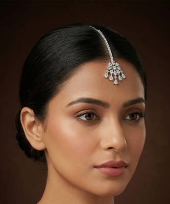 Silver plated cubic zirconia floral maang tikka 1