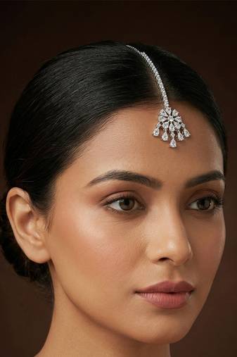 Silver plated cubic zirconia floral maang tikka