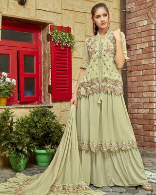 Green faux georgette half sleeve embroidered gown with jacket and dupatta 1