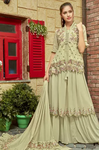 Green faux georgette half sleeve embroidered gown with jacket and dupatta