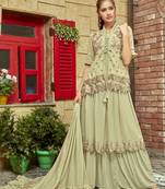 Green faux georgette half sleeve embroidered gown with jacket and dupatta