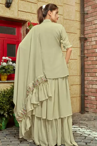 Green faux georgette half sleeve embroidered gown with jacket and dupatta
