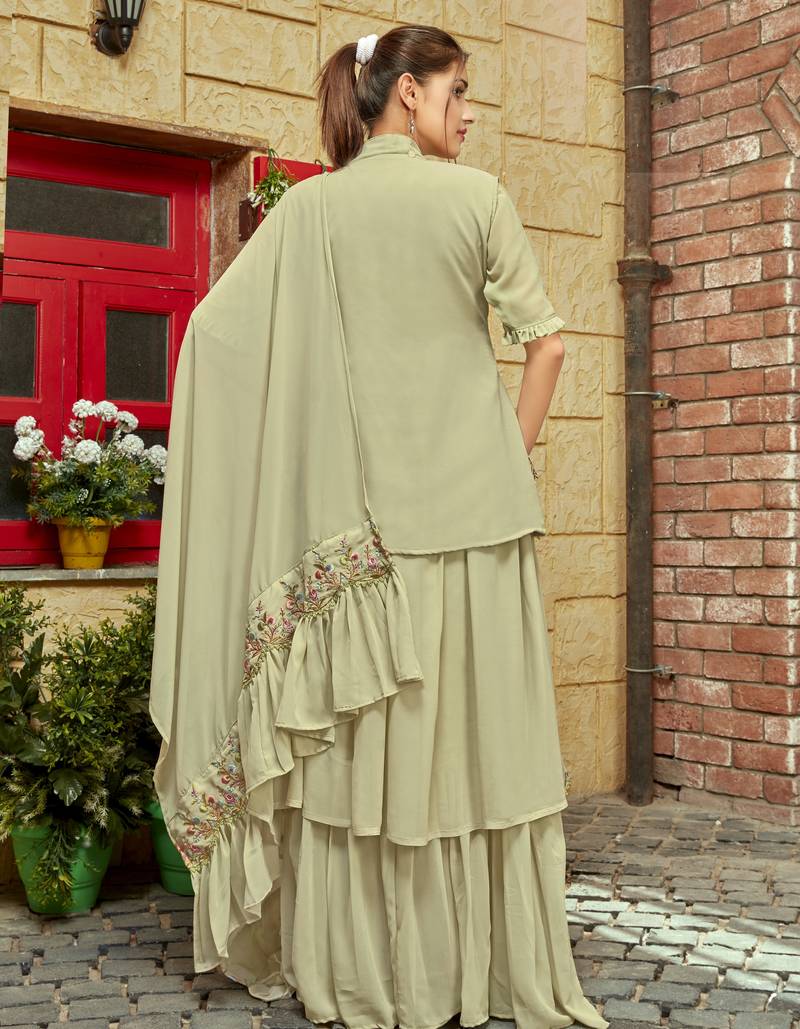 Green faux georgette half sleeve embroidered gown with jacket and dupatta