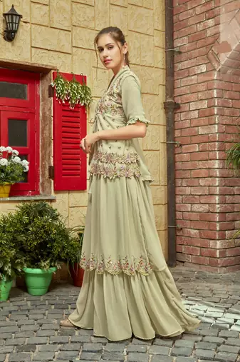 Green faux georgette half sleeve embroidered gown with jacket and dupatta