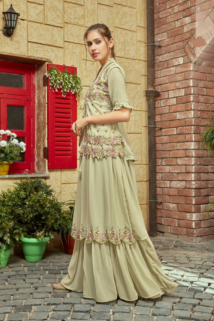 Green faux georgette half sleeve embroidered gown with jacket and dupatta