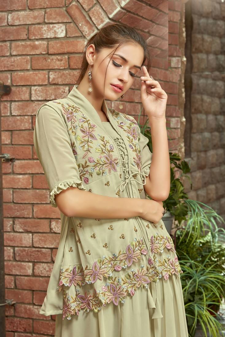 Green faux georgette half sleeve embroidered gown with jacket and dupatta