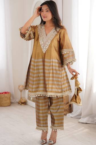 Incredible Golden Mirror Work Tissue Party Wear Co-ord Set With Batwa