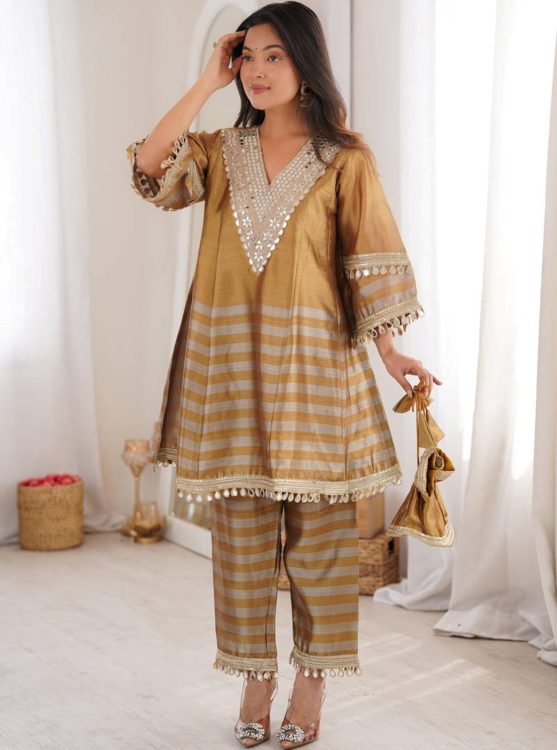 Incredible Golden Mirror Work Tissue Party Wear Co-ord Set With Batwa
