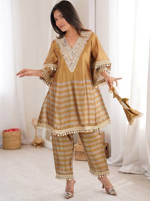 Incredible Golden Mirror Work Tissue Party Wear Co-ord Set With Batwa 2