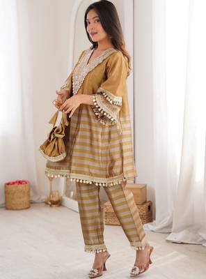 Incredible Golden Mirror Work Tissue Party Wear Co-ord Set With Batwa 3