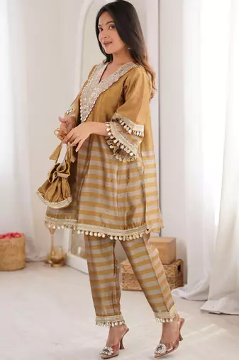 Incredible Golden Mirror Work Tissue Party Wear Co-ord Set With Batwa