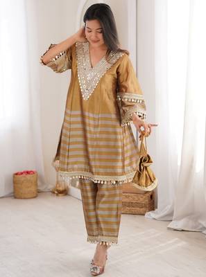 Incredible Golden Mirror Work Tissue Party Wear Co-ord Set With Batwa 4
