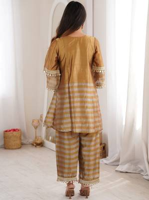 Incredible Golden Mirror Work Tissue Party Wear Co-ord Set With Batwa 5