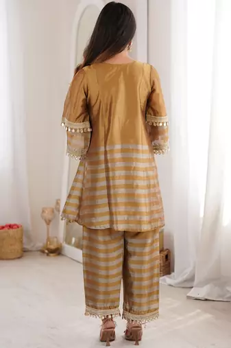 Incredible Golden Mirror Work Tissue Party Wear Co-ord Set With Batwa