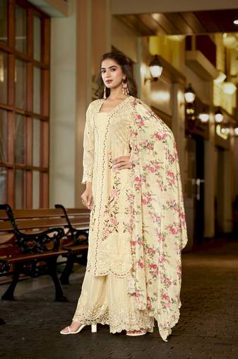 Cream chinon stitched top with stitched chinon bottom and chinon dupatta 3/4 sleeve embroidered straight kurta
