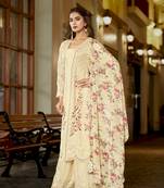 Cream chinon stitched top with stitched chinon bottom and chinon dupatta 3/4 sleeve embroidered straight kurta