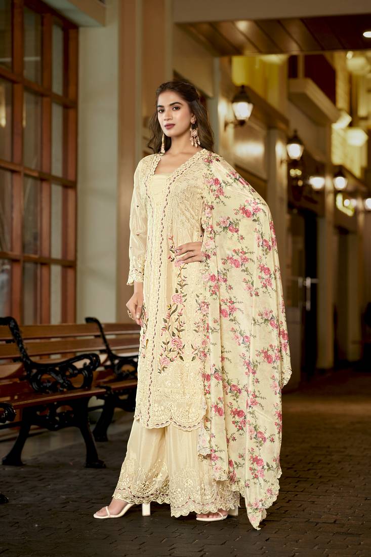 Cream chinon stitched top with stitched chinon bottom and chinon dupatta 3/4 sleeve embroidered straight kurta