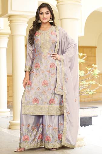 Grey chinon stitched top with stitched chinon bottom and chinon dupatta full sleeve embroidered straight kurta