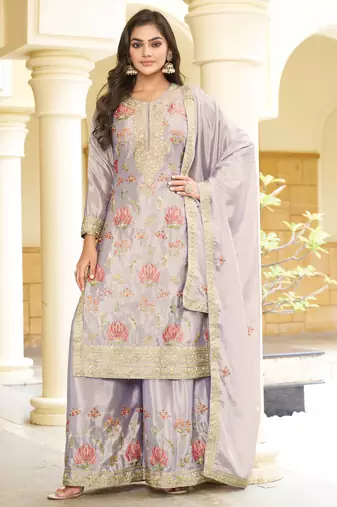 Grey chinon stitched top with stitched chinon bottom and chinon dupatta full sleeve embroidered straight kurta