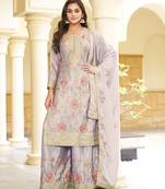 Grey chinon stitched top with stitched chinon bottom and chinon dupatta full sleeve embroidered straight kurta
