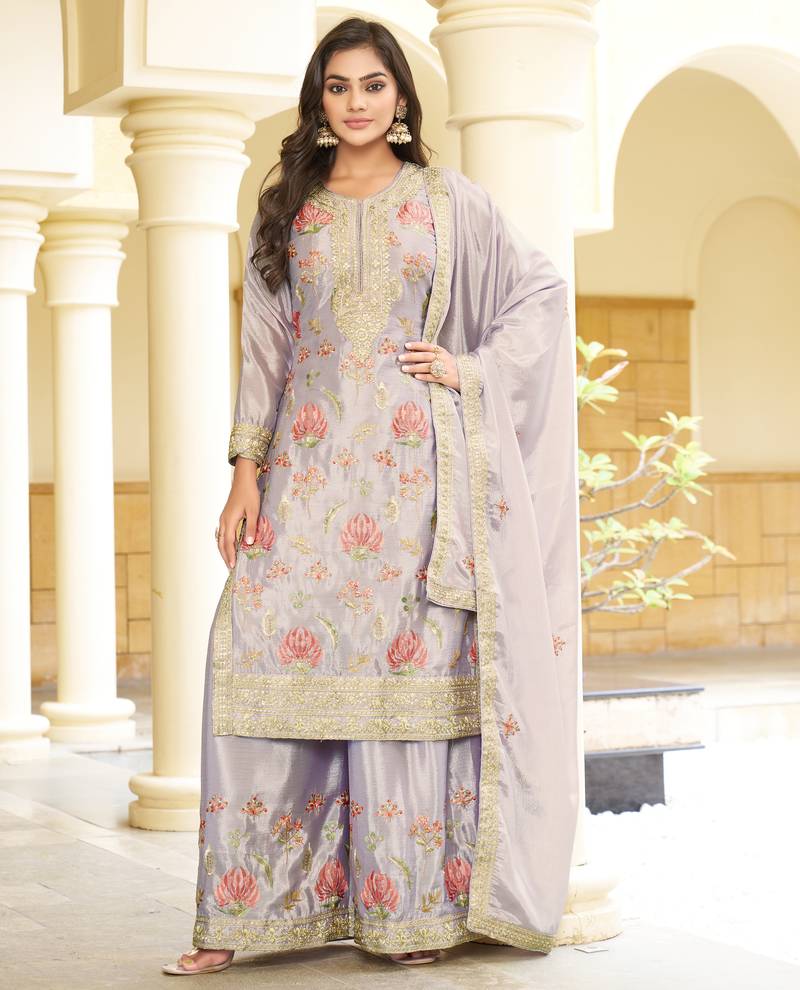 Grey chinon stitched top with stitched chinon bottom and chinon dupatta full sleeve embroidered straight kurta