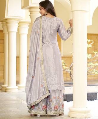 Grey chinon stitched top with stitched chinon bottom and chinon dupatta full sleeve embroidered straight kurta 2