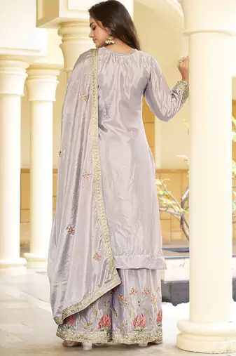 Grey chinon stitched top with stitched chinon bottom and chinon dupatta full sleeve embroidered straight kurta