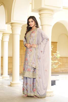 Grey chinon stitched top with stitched chinon bottom and chinon dupatta full sleeve embroidered straight kurta 3
