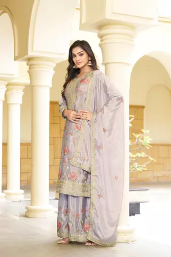 Grey chinon stitched top with stitched chinon bottom and chinon dupatta full sleeve embroidered straight kurta