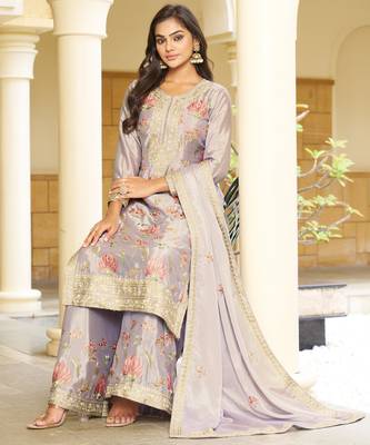 Grey chinon stitched top with stitched chinon bottom and chinon dupatta full sleeve embroidered straight kurta 4
