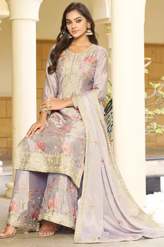 Grey chinon stitched top with stitched chinon bottom and chinon dupatta full sleeve embroidered straight kurta