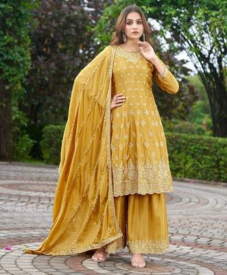 Yellow chinon stitched top with stitched chinon bottom and chinon dupatta 3/4 sleeve embroidered a-line kurta 1