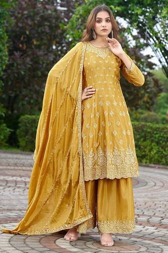 Yellow chinon stitched top with stitched chinon bottom and chinon dupatta 3/4 sleeve embroidered a-line kurta