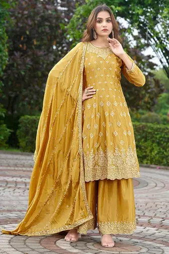 Yellow chinon stitched top with stitched chinon bottom and chinon dupatta 3/4 sleeve embroidered a-line kurta