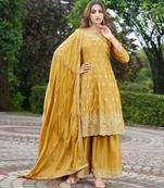 Yellow chinon stitched top with stitched chinon bottom and chinon dupatta 3/4 sleeve embroidered a-line kurta